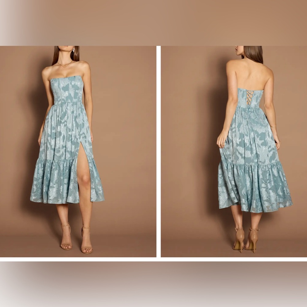 Azazie Strapless Midi Dress in Dusty Blue Floral